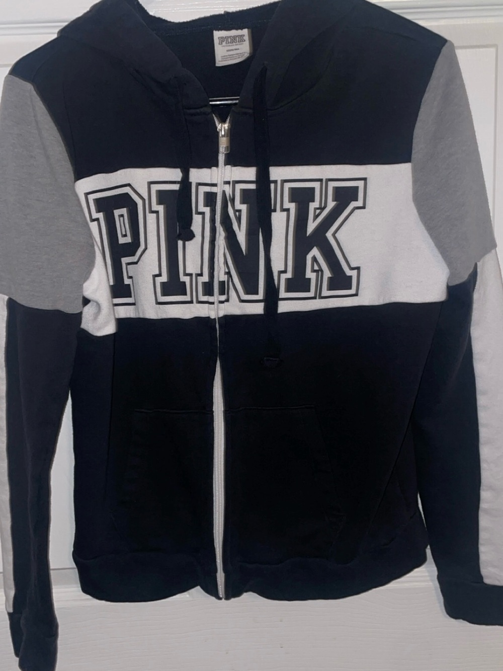PINK Victoria's Secret Black, White & Gray Colorblock Zip Hoodie
